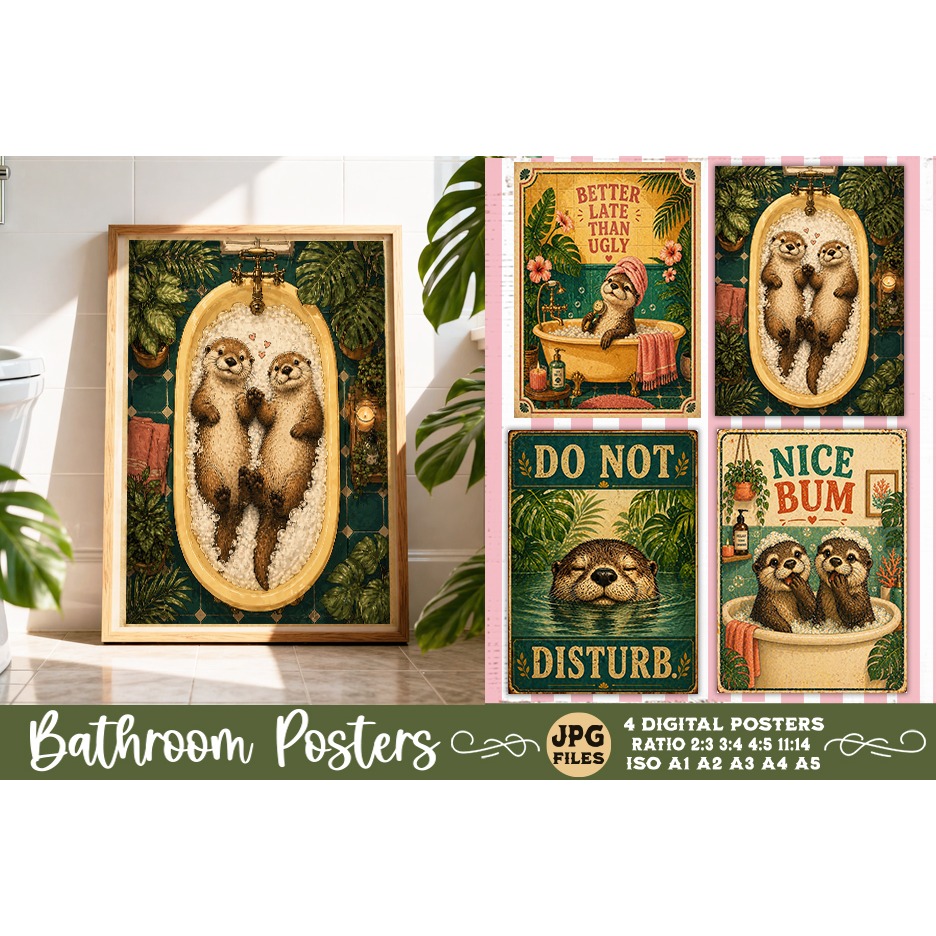 Bathroom funny animals posters, Retro 4 Posters JPG Bathroom (13)
