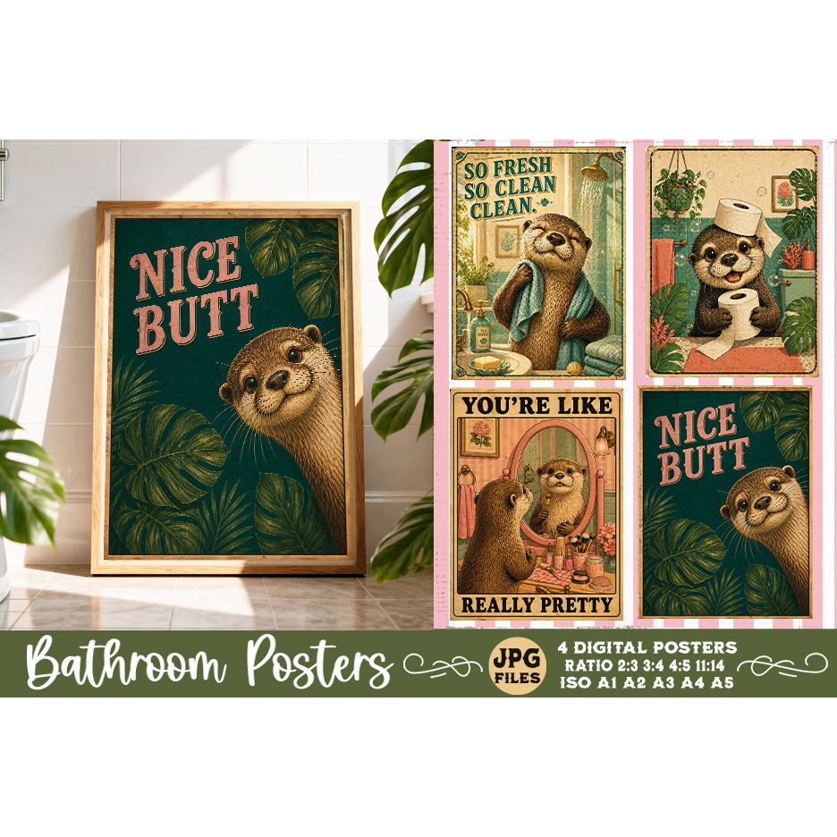 Bathroom funny animals posters, Retro 4 Posters JPG Bathroom (14)