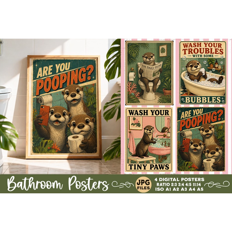 Bathroom funny animals posters, Retro 4 Posters JPG Bathroom (15)