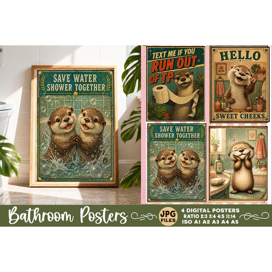 Bathroom funny animals posters, Retro 4 Posters JPG Bathroom (2)