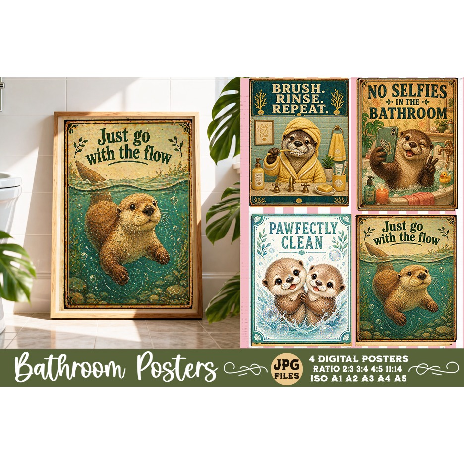 Bathroom funny animals posters, Retro 4 Posters JPG Bathroom (3)