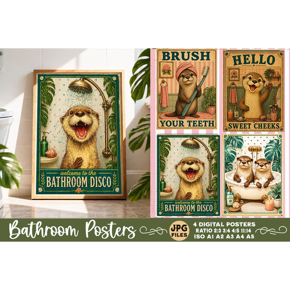 Bathroom funny animals posters, Retro 4 Posters JPG Bathroom (5)