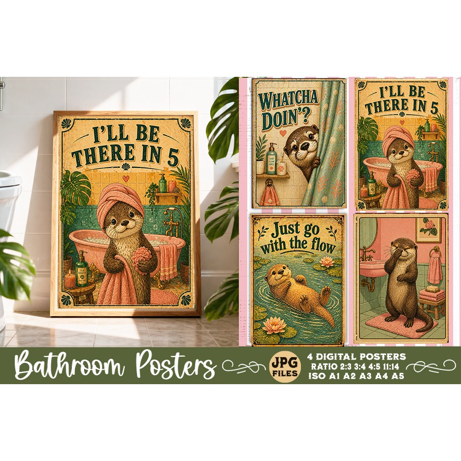 Bathroom funny animals posters, Retro 4 Posters JPG Bathroom (6)