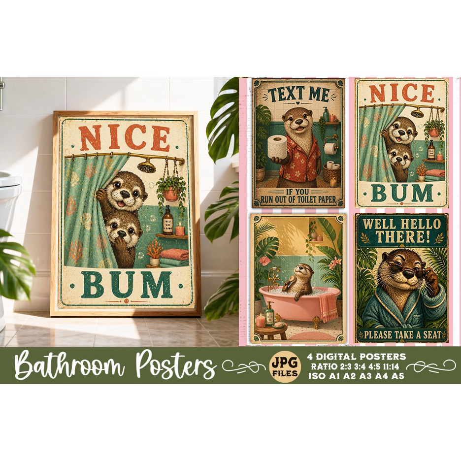 Bathroom funny animals posters, Retro 4 Posters JPG Bathroom (7)
