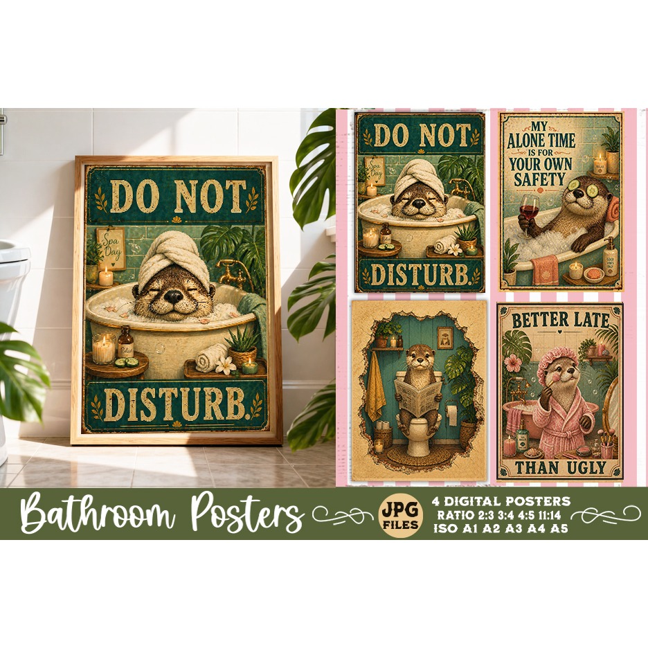 Bathroom funny animals posters, Retro 4 Posters JPG Bathroom (8)