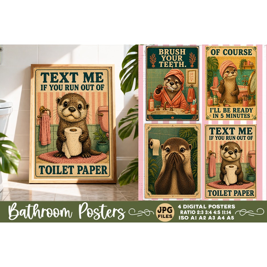 Bathroom funny animals posters, Retro 4 Posters JPG Bathroom (9)