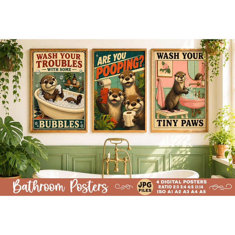 Bathroom funny animals posters, Retro 4 Posters JPG Bathroom (15) 2