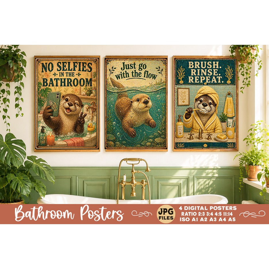 Bathroom funny animals posters, Retro 4 Posters JPG Bathroom (3) 2