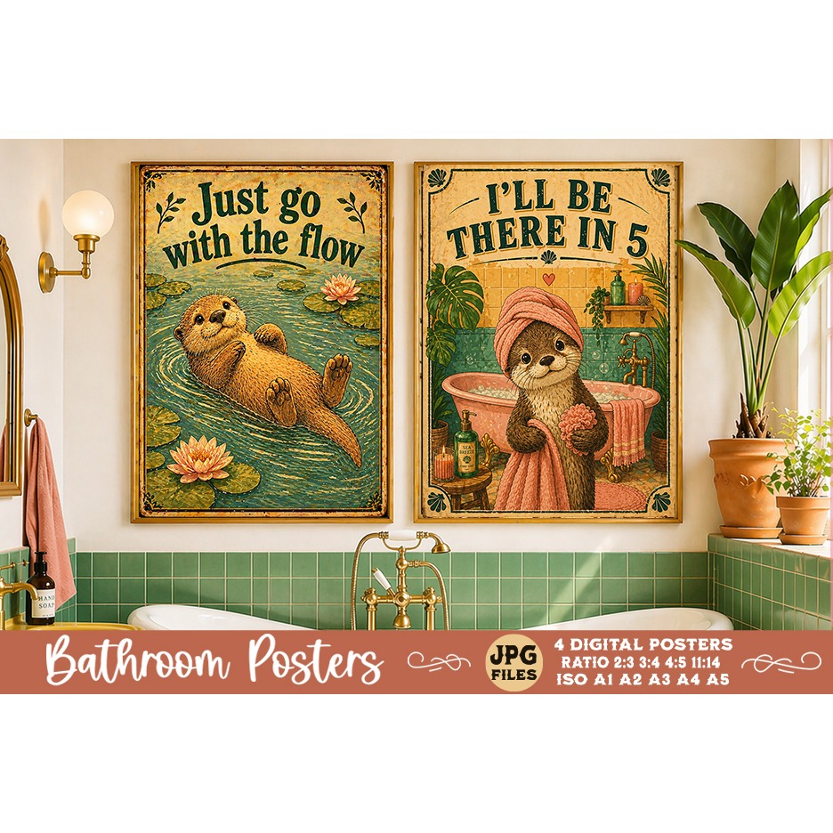 Bathroom funny animals posters, Retro 4 Posters JPG Bathroom (6) 2
