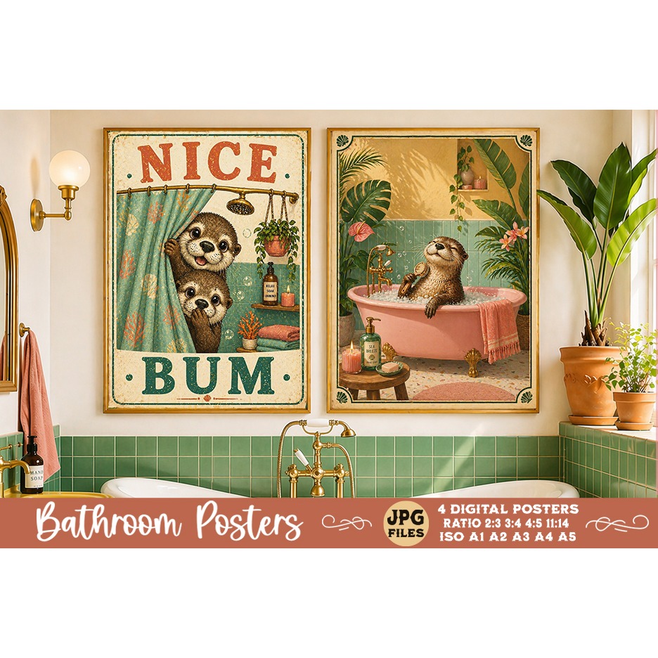 Bathroom funny animals posters, Retro 4 Posters JPG Bathroom (7) 2