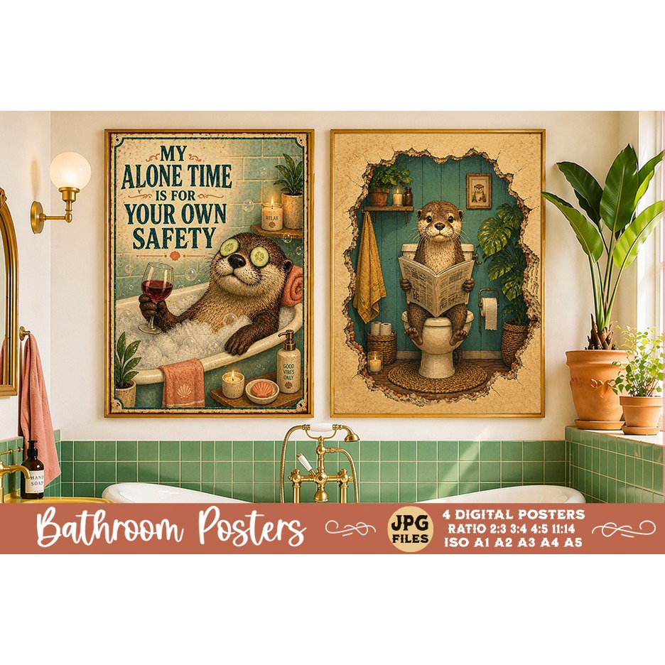 Bathroom funny animals posters, Retro 4 Posters JPG Bathroom (8) 2
