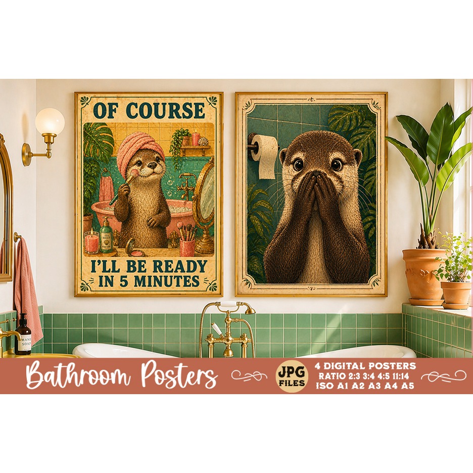 Bathroom funny animals posters, Retro 4 Posters JPG Bathroom (9) 2