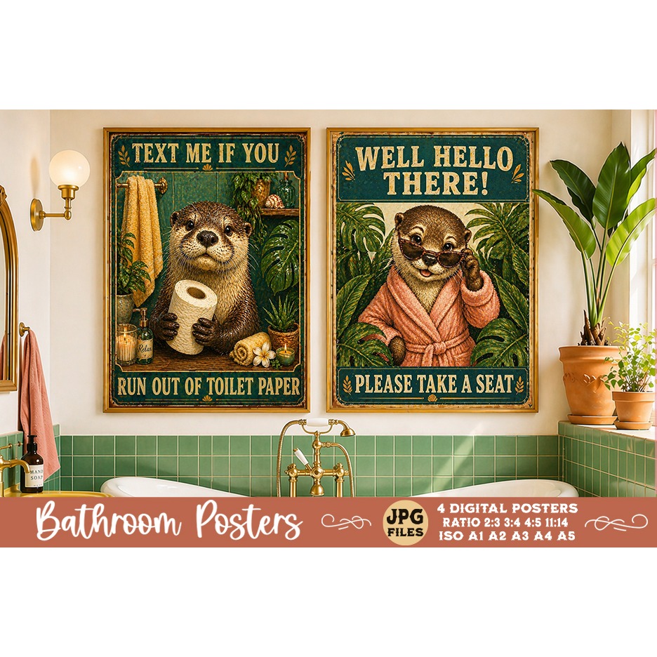 Bathroom funny animals posters, Retro 4 Posters JPG Bathroom 4