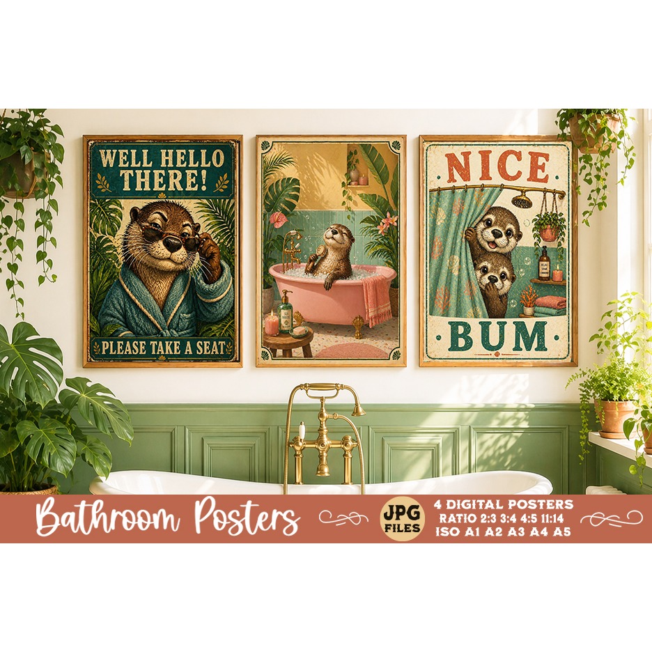 Bathroom funny animals posters, Retro 4 Posters JPG Bathroom (7) 4