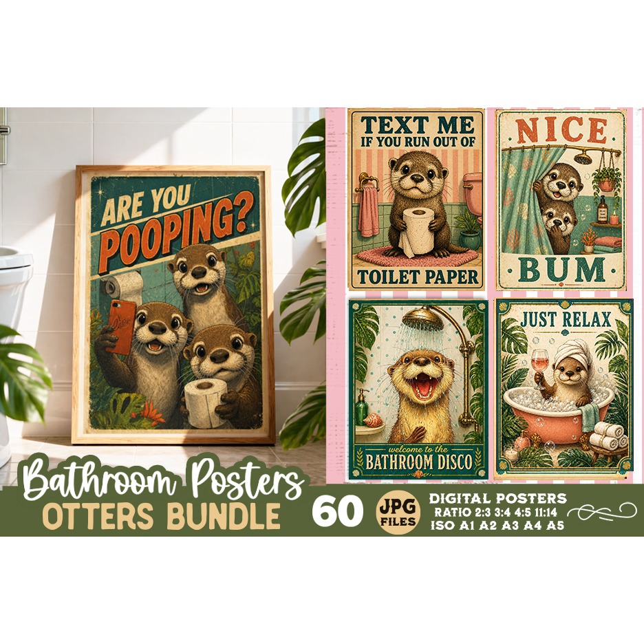 Bathroom funny otters posters, Retro 60 Posters JPG Bundle