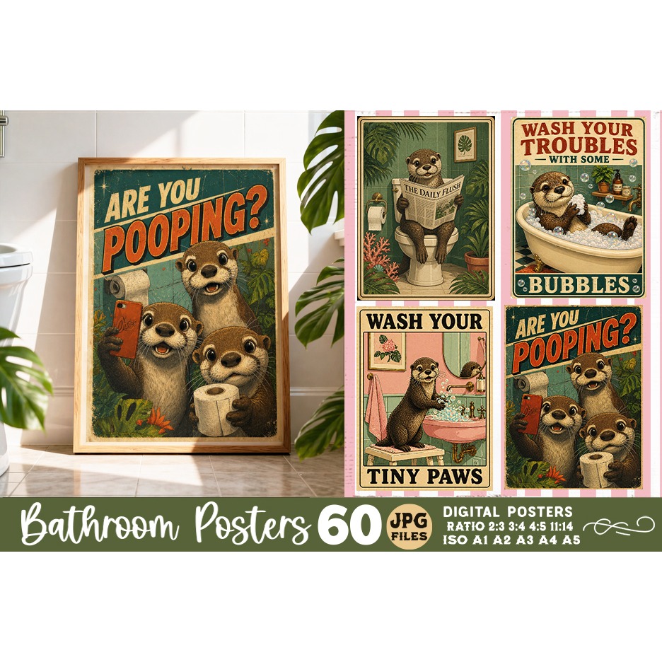 Bathroom funny otters posters, Retro 60 Posters JPG Bundle 2