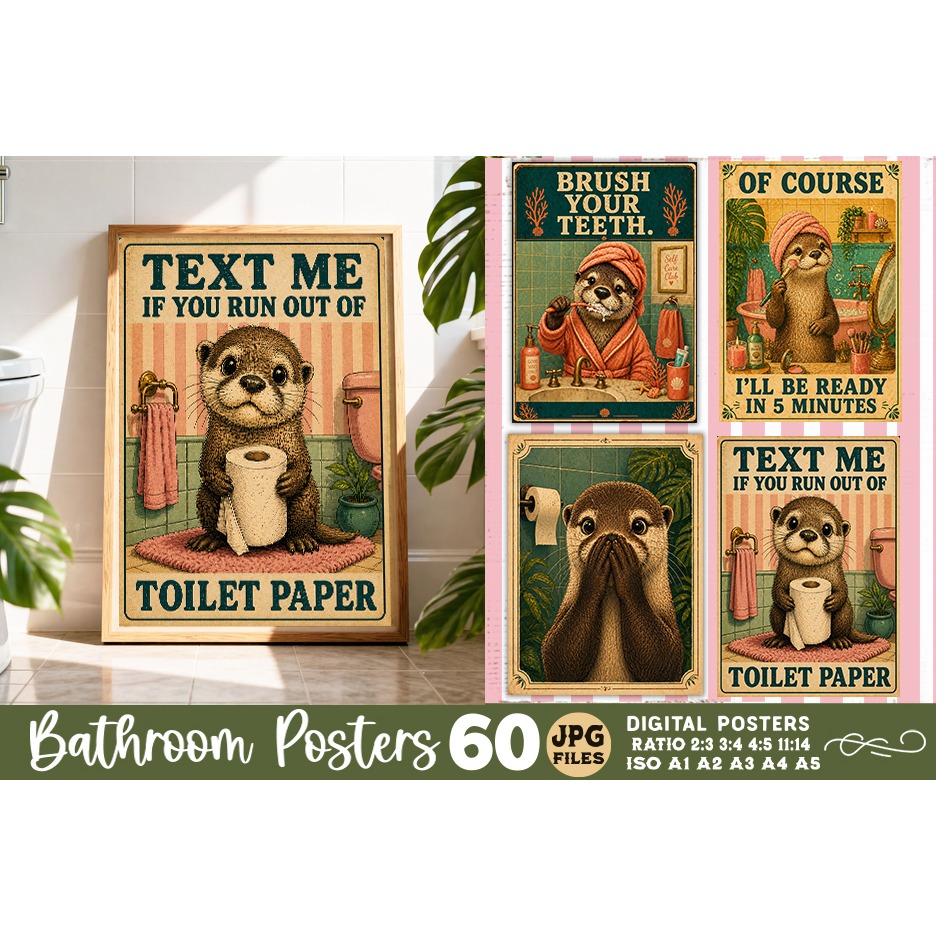 Bathroom funny otters posters, Retro 60 Posters JPG Bundle 11