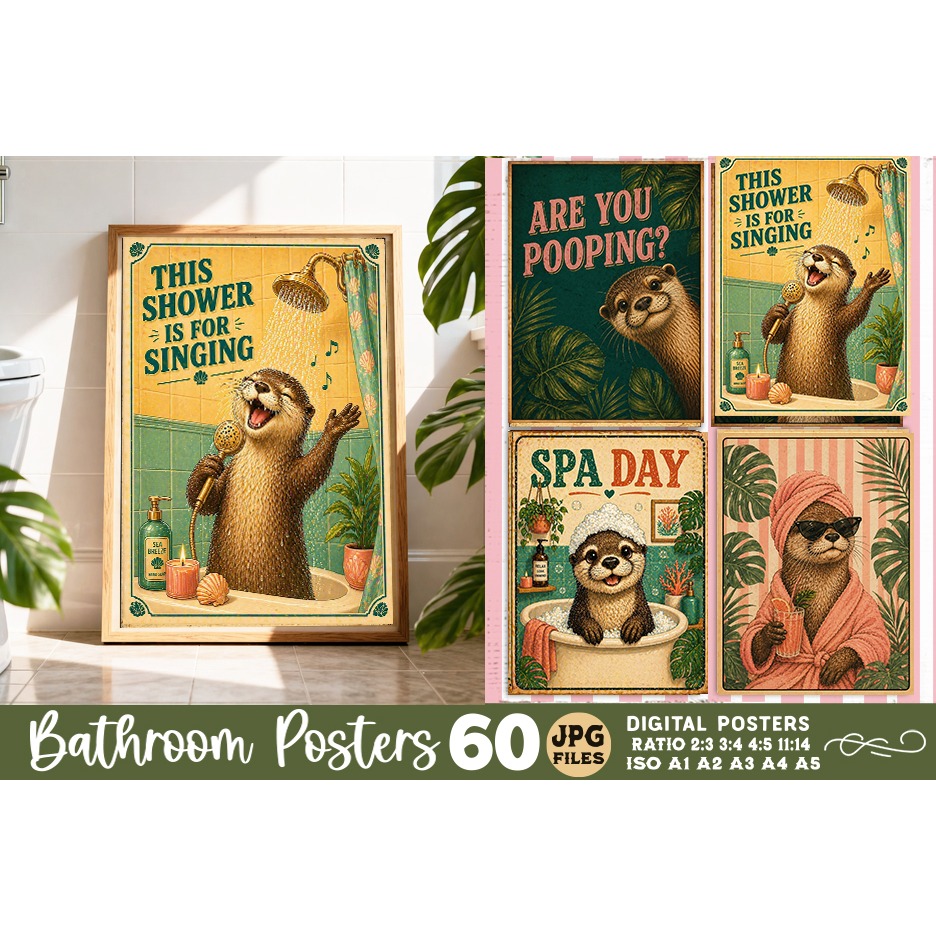 Bathroom funny otters posters, Retro 60 Posters JPG Bundle 12