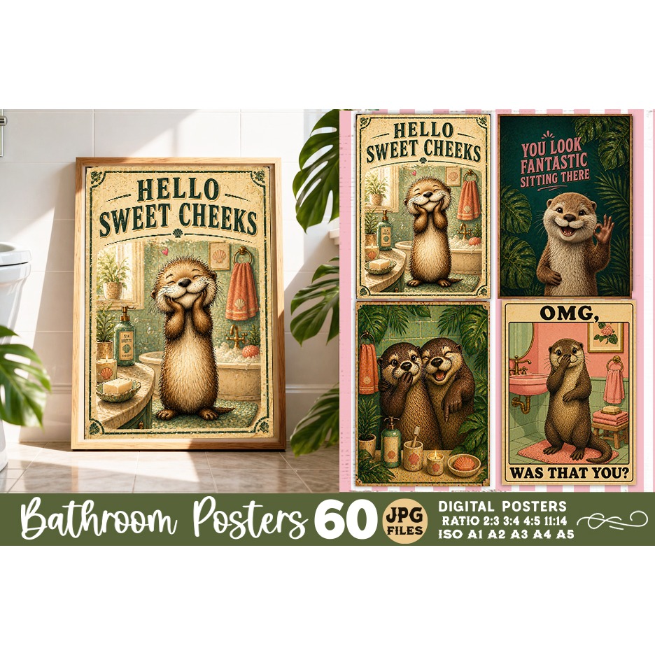 Bathroom funny otters posters, Retro 60 Posters JPG Bundle 13