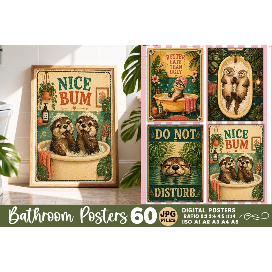Bathroom funny otters posters, Retro 60 Posters JPG Bundle 14
