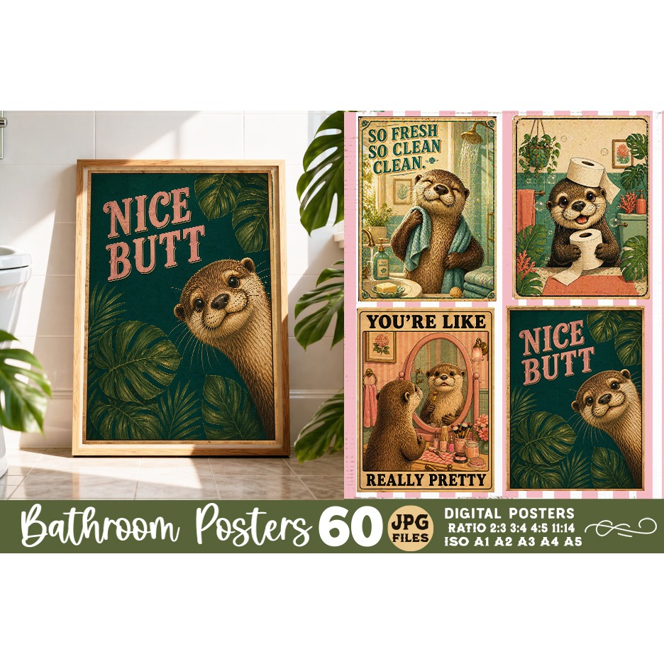 Bathroom funny otters posters, Retro 60 Posters JPG Bundle 16