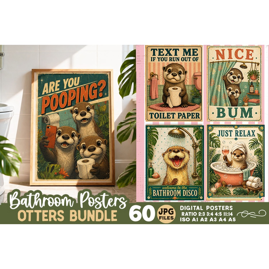 Bathroom funny otters posters, Retro 60 Posters JPG Bundle 17