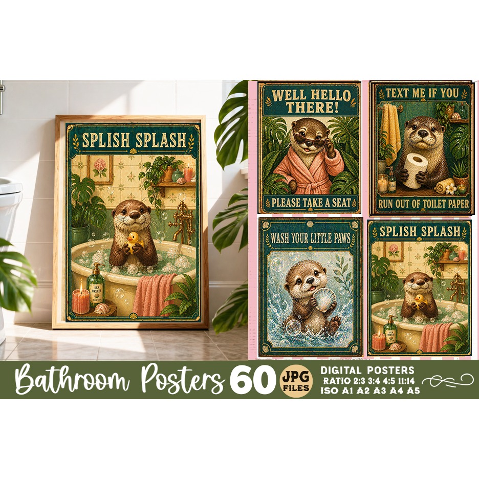 Bathroom funny otters posters, Retro 60 Posters JPG Bundle 18