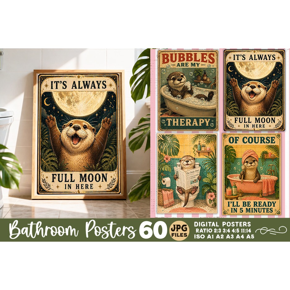 Bathroom funny otters posters, Retro 60 Posters JPG Bundle 3
