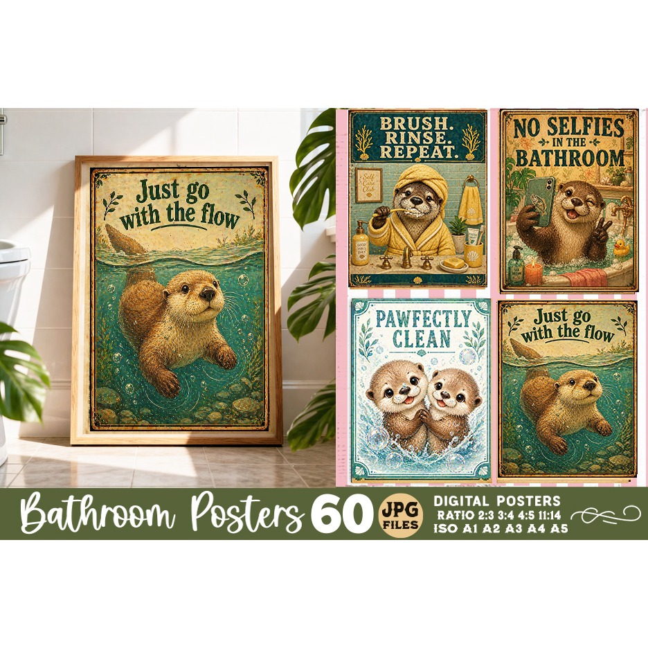 Bathroom funny otters posters, Retro 60 Posters JPG Bundle 4