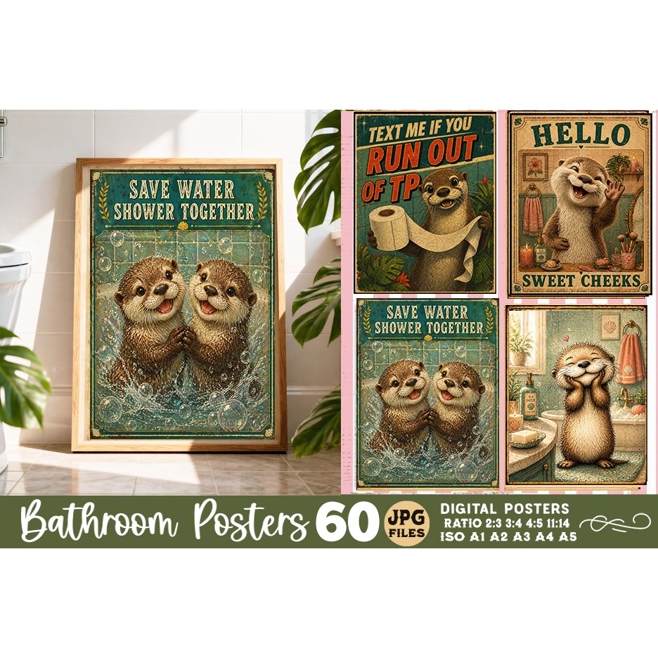 Bathroom funny otters posters, Retro 60 Posters JPG Bundle 5