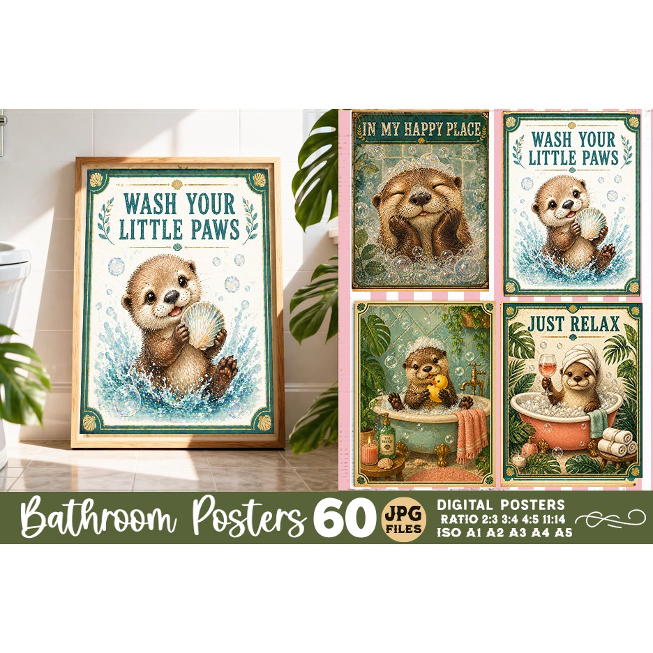 Bathroom funny otters posters, Retro 60 Posters JPG Bundle 6
