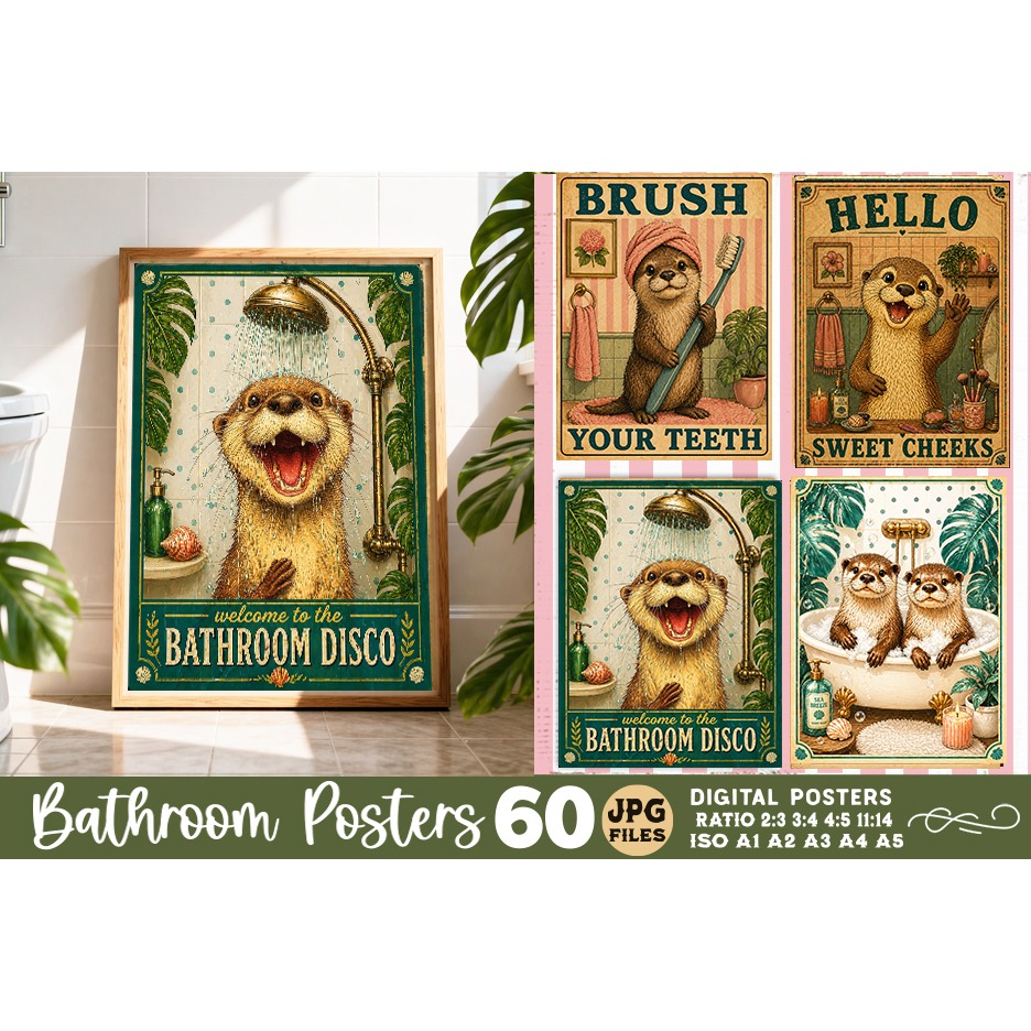 Bathroom funny otters posters, Retro 60 Posters JPG Bundle 7