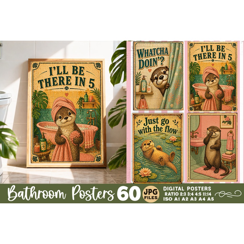 Bathroom funny otters posters, Retro 60 Posters JPG Bundle 8