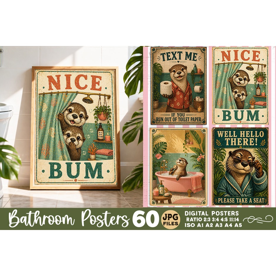 Bathroom funny otters posters, Retro 60 Posters JPG Bundle 9
