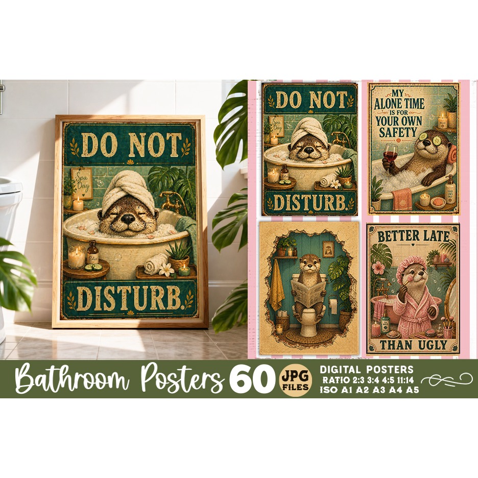 Bathroom funny otters posters, Retro 60 Posters JPG Bundle 10