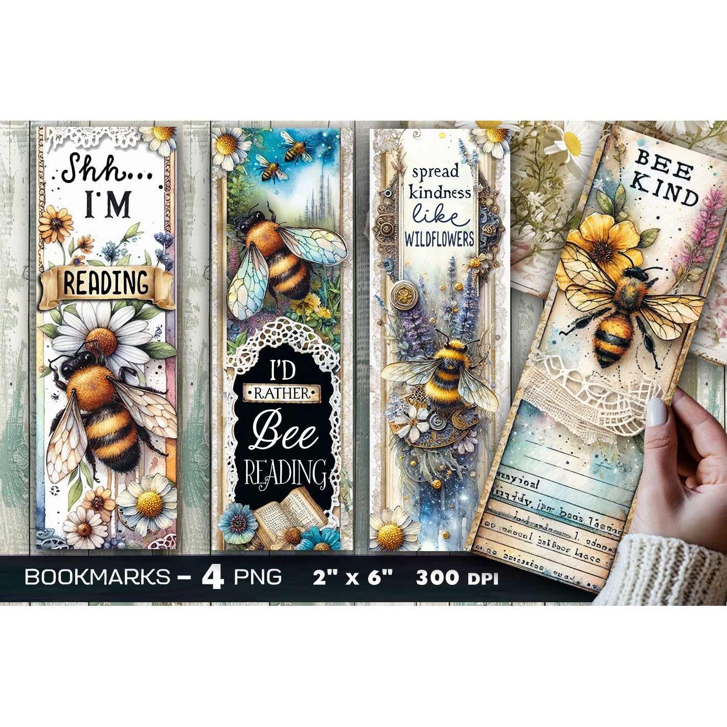 Bees and flowers bookmark, Bee bookmark, lace vintage bee