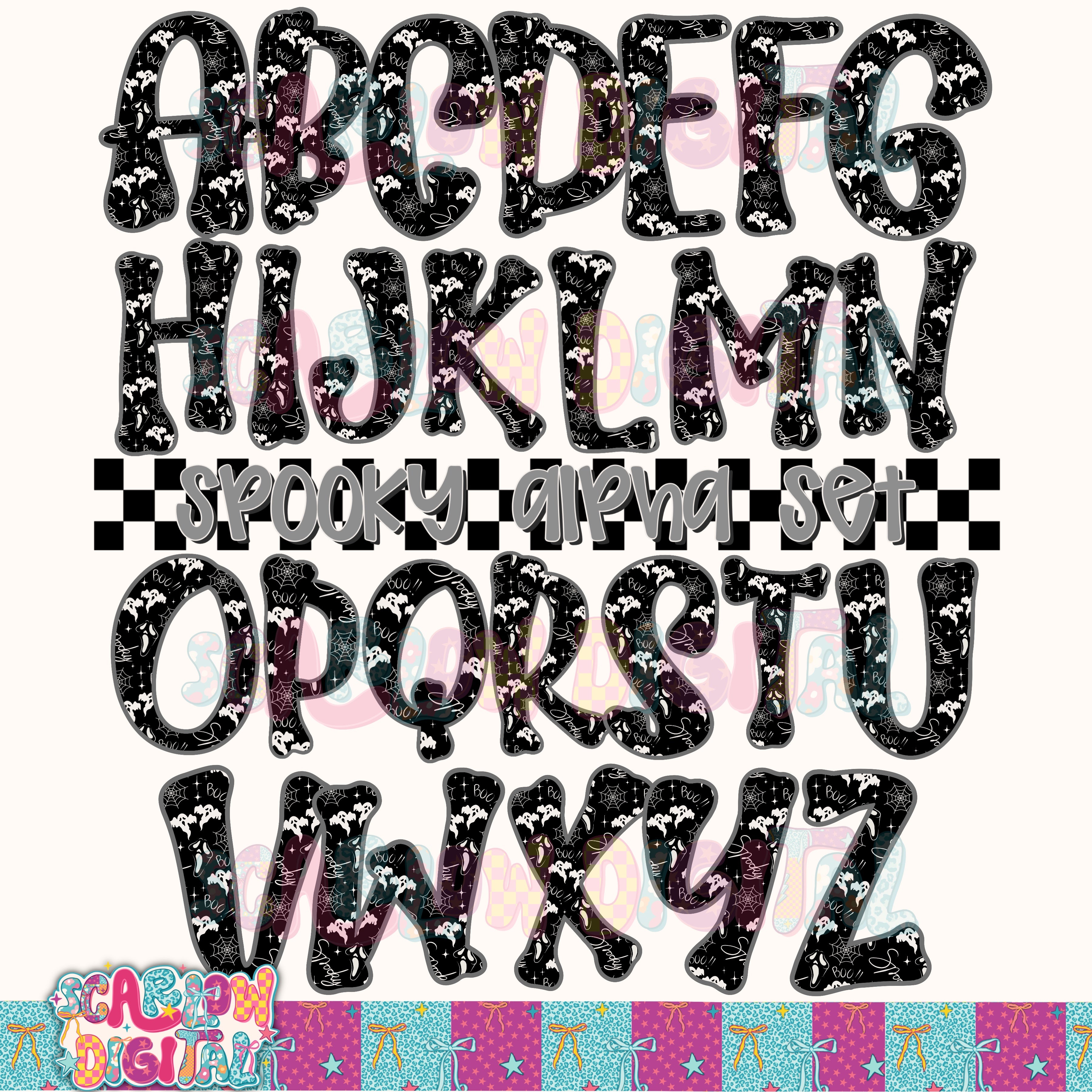 Black and White Spooky Halloween Alphabet Set Digital Design