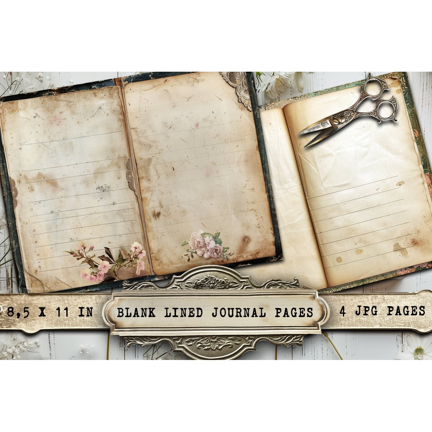 Blank Lined Journal Pages, 4 Junk Journal Papers