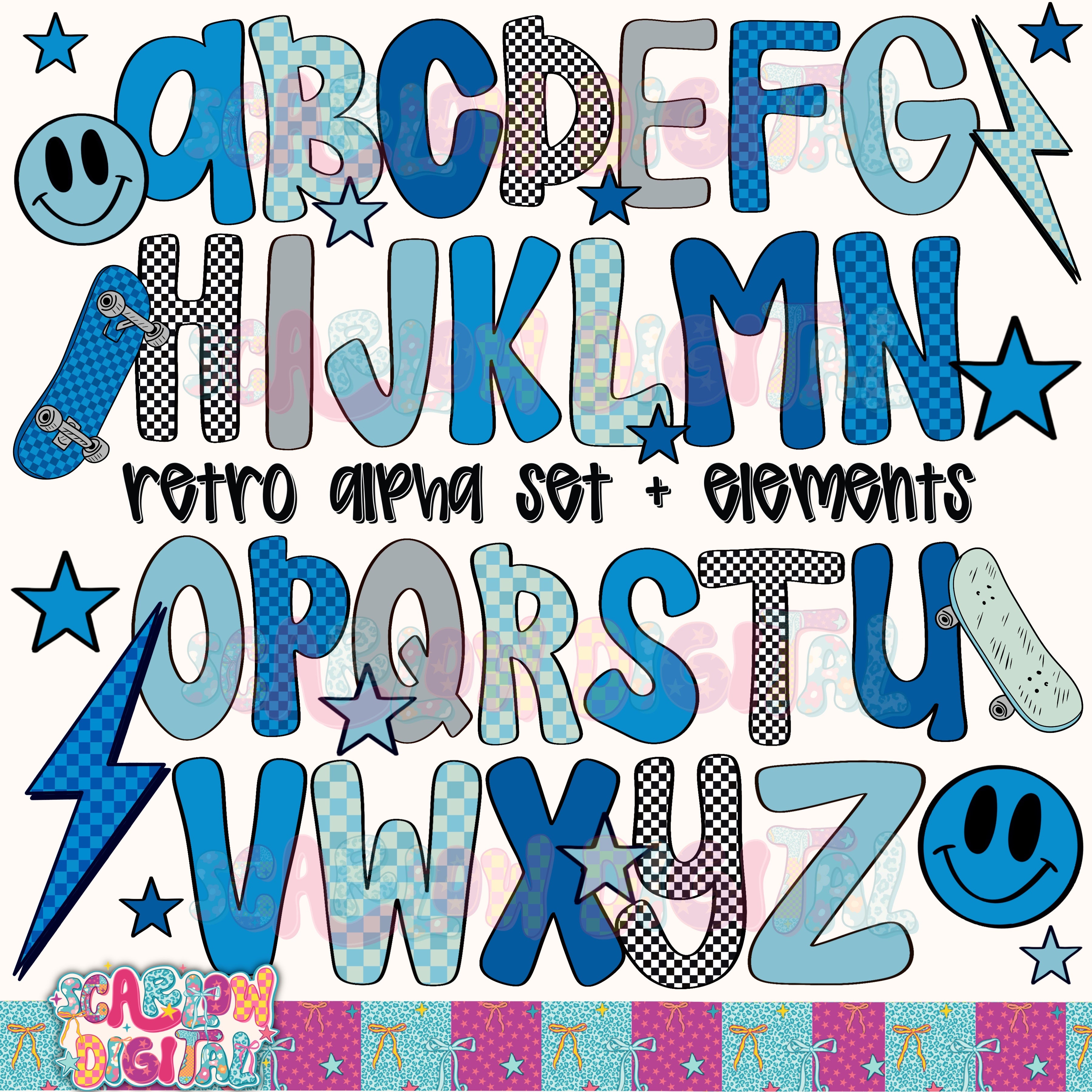 Blue Vibes Retro Alphabet Set Digital Design