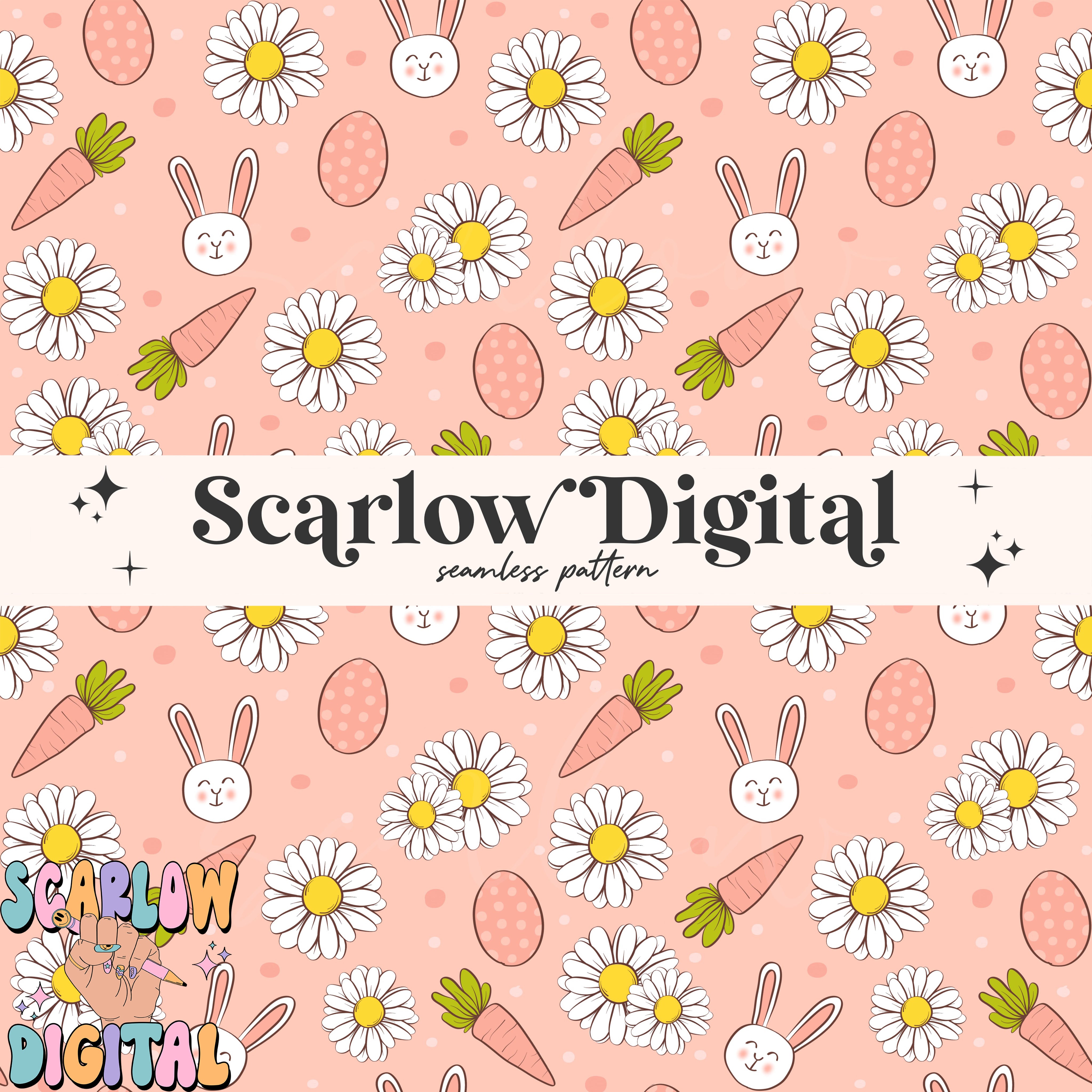 Boho Easter Seamless Pattern Digital Design Download, carrots seamless pattern, floral seamless pattern, easter bunny seamless pattern 2