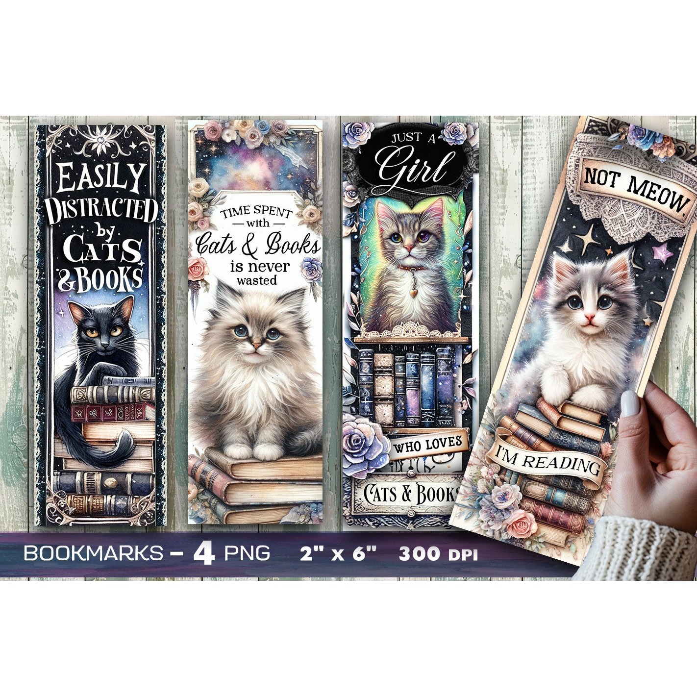 Cats and books bookmark, Vintage scrapbook bookmark