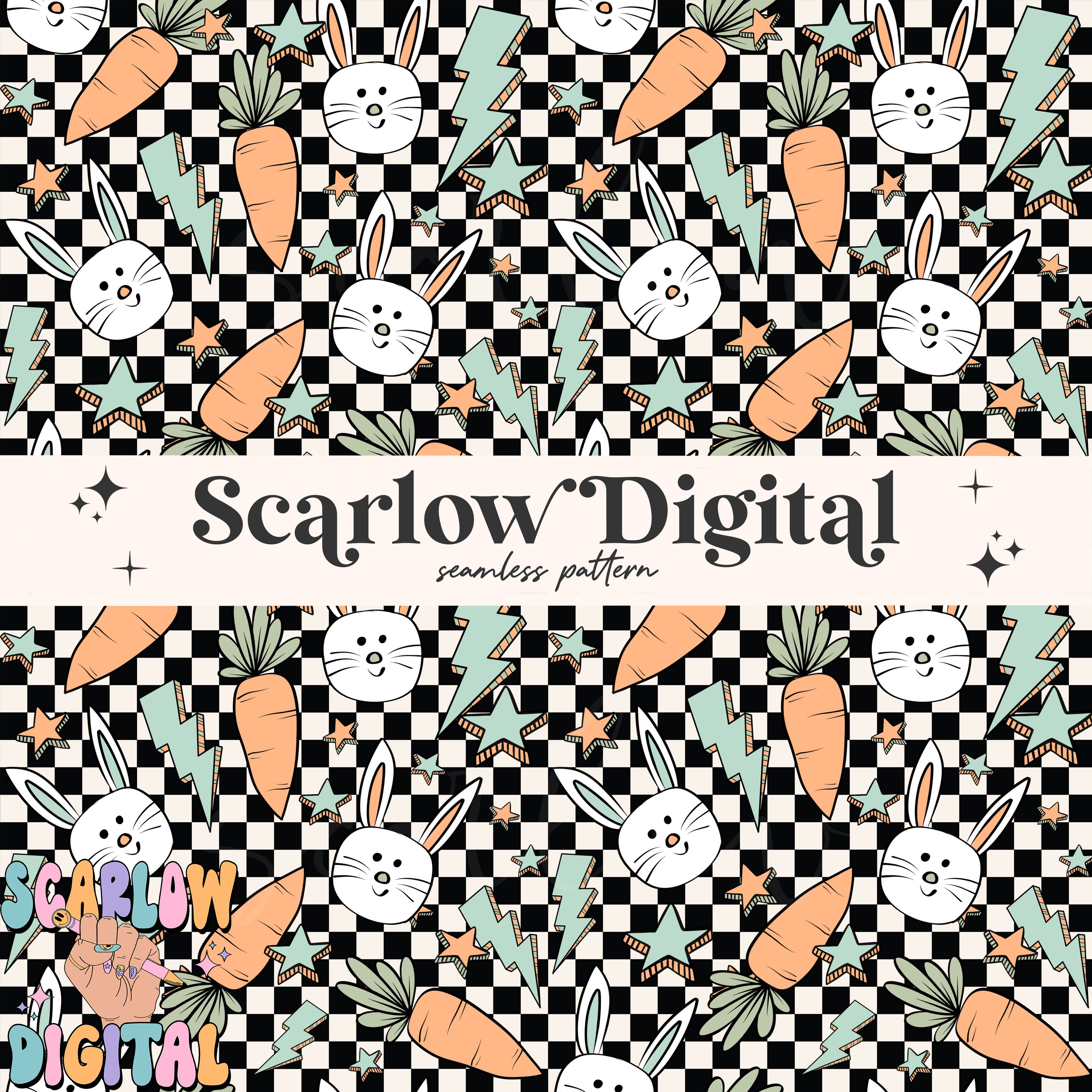 Checkered Easter Doodles Seamless Pattern-boy seamless pattern, retro easter seamless pattern, easter bunny seamless, kids seamless pattern 2