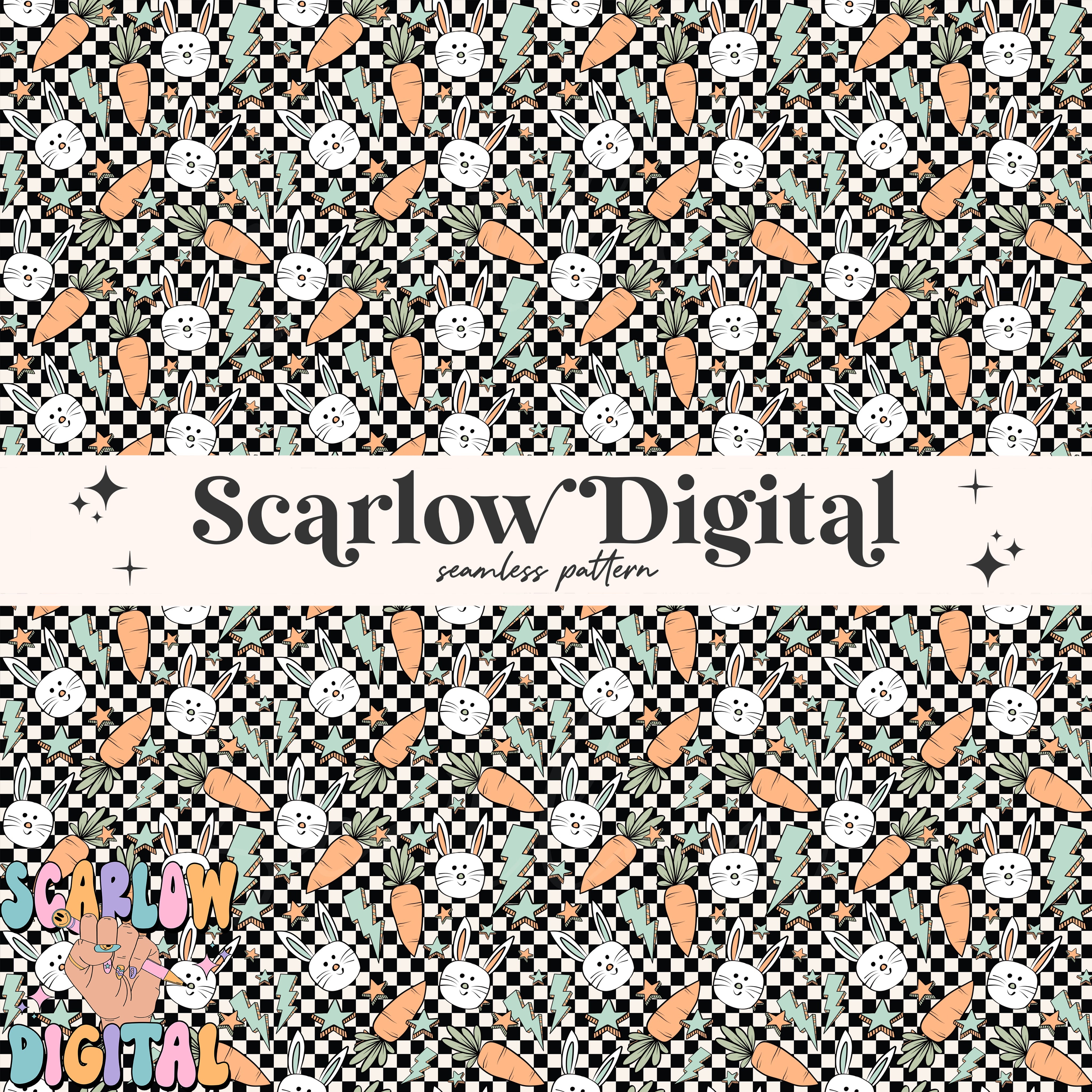 Checkered Easter Doodles Seamless Pattern-boy seamless pattern, retro easter seamless pattern, easter bunny seamless, kids seamless pattern 3