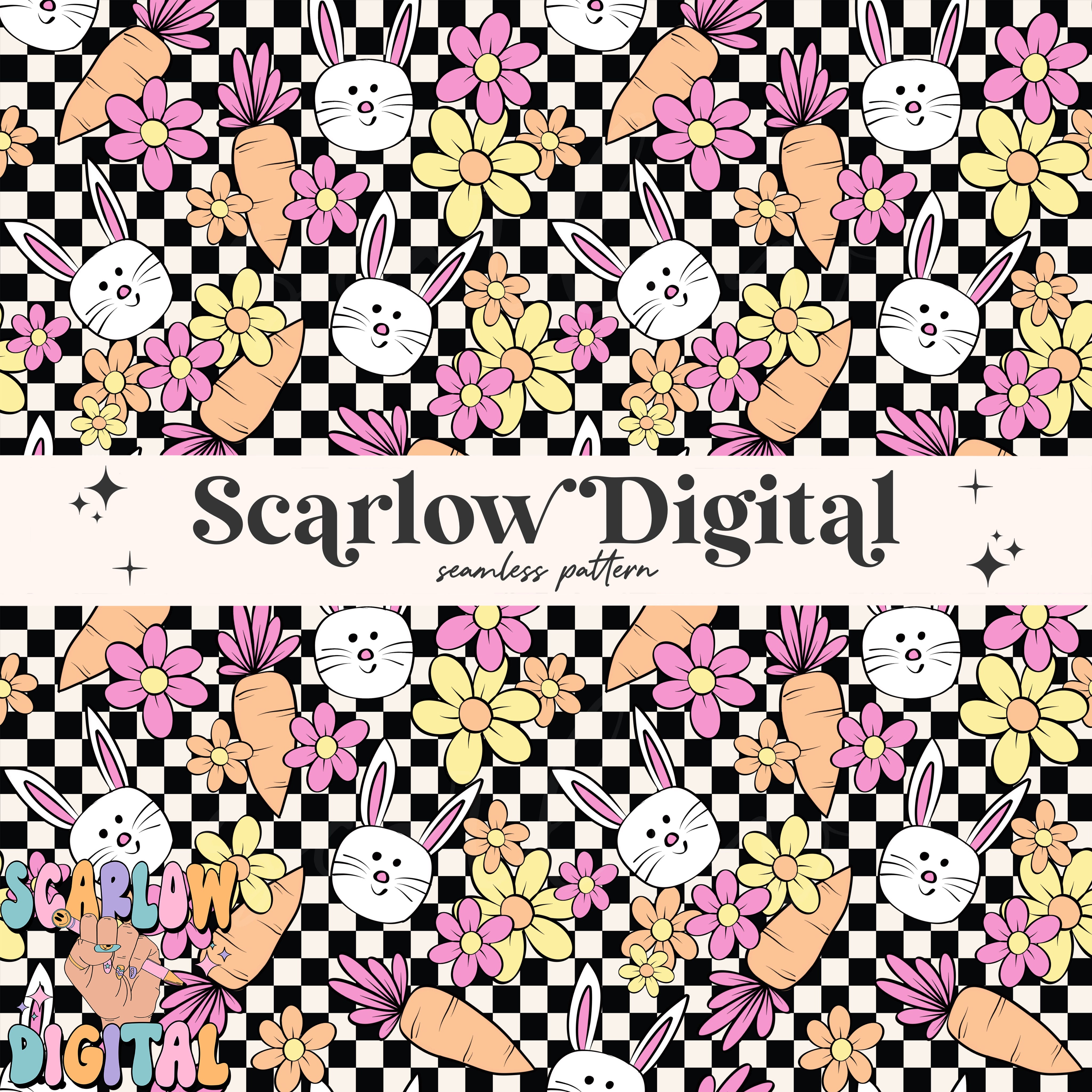 Checkered Easter Doodles Seamless Pattern-girl seamless pattern, retro easter seamless pattern, easter bunny seamless, kids seamless pattern 2