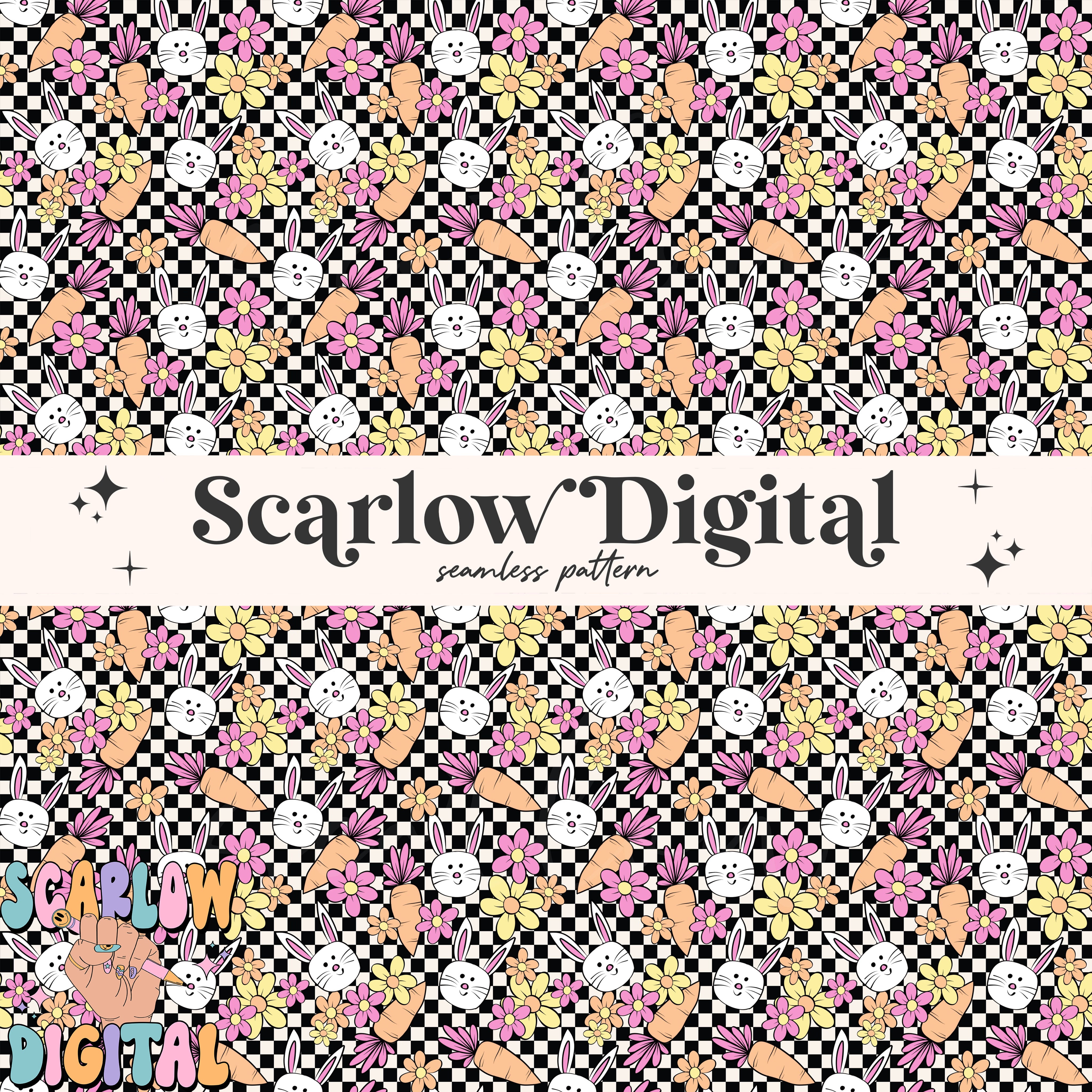 Checkered Easter Doodles Seamless Pattern-girl seamless pattern, retro easter seamless pattern, easter bunny seamless, kids seamless pattern 3