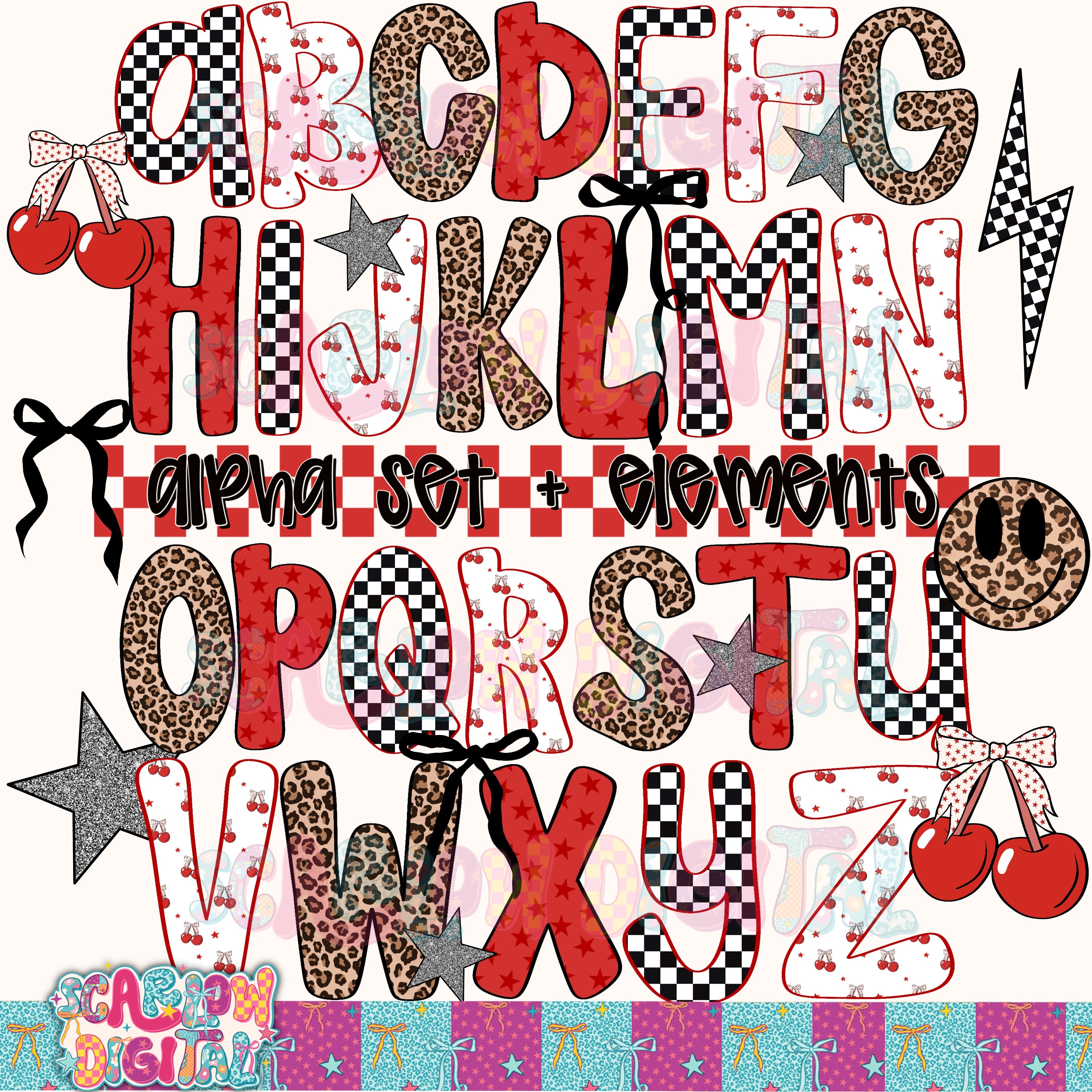 Cherries Checkers and Leopard Alphabet Set Digital Design