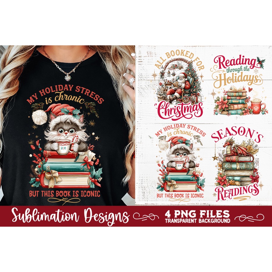 Christmas Book Lover 4 PNG Retro PNG Sublimation (7) 4