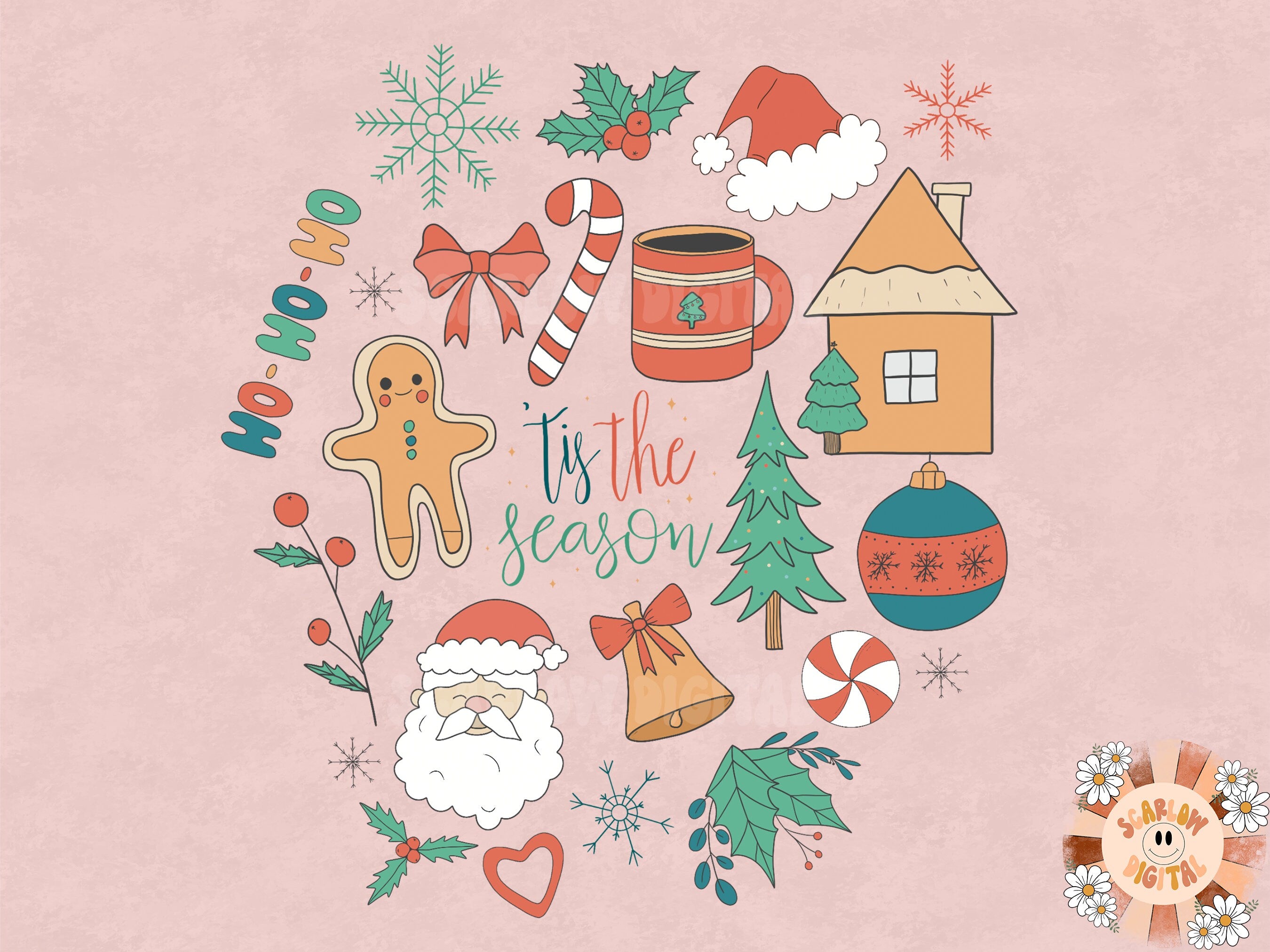 Christmas Doodles PNG Sublimation Design Download-Christmas tree png, Santa Claus png, candy cane png, gingerbread house png, ornament png 3