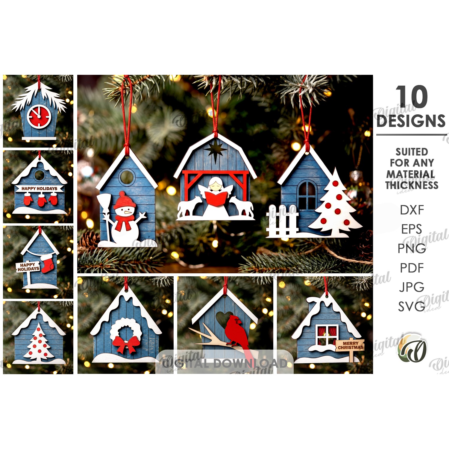 Christmas House Tree Ornaments Bundle Laser Cut