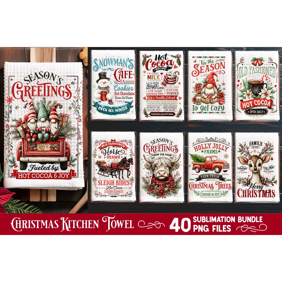 Christmas Kitchen Towel Sublimation PNG Bundle 40 Designs